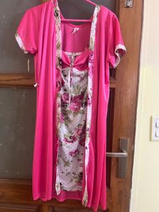 Pink Floral satin nighty with Robe