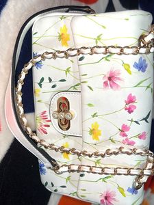 White Floral Printed PU Structured Sling Bag