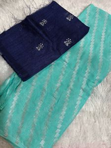 Blue Saree With Unstitched Blouse Piece