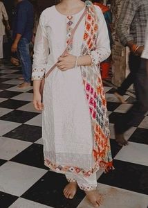 Beautiful White 3 Piece Suit With Multicolour Work