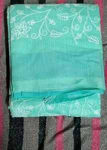 Green Silk Cotton Embroidery Saree New One