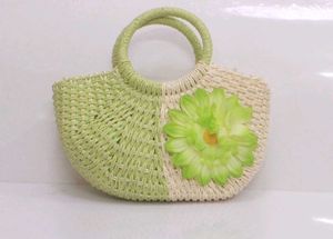Jute Woven Handbag with Floral Detail