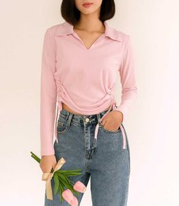 Light pink Collared Top with Adjustable Drawstring