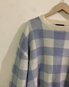 Pastel Blue &amp; Cream Checkered Knit Sweater