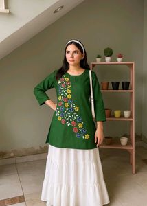 Hand Painted Floral Embroidered Green Tunic