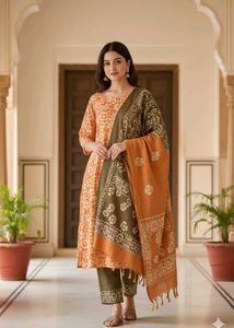 Elegant Coral & Brown Kurti Pant Duppata Set