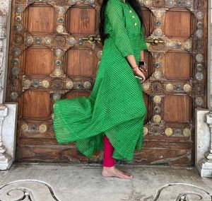Elegant Green Striped Kurta Dress