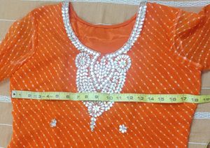 Beautiful Orange Kurta Set With Gotta Patti Work And Leheriya Print