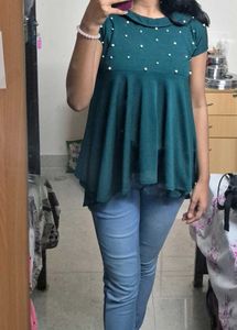 Emerald Pearl-Studded Flare Top