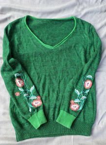 Green Embroidered Sleeve Sweater