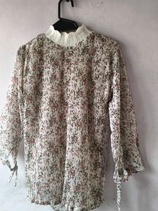 Floral Pleated Mock Neck Top