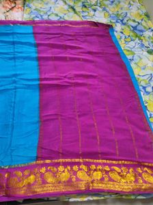 Blue And Pink Pure Crepe Silk Saree