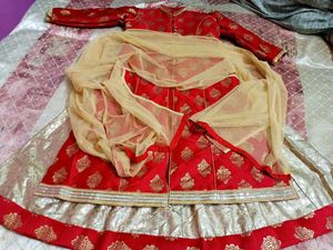 Elegant Red Banarasi Anarkali Set with Golden Moti