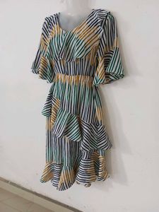 Striped Ruffle Asymmetric Dress