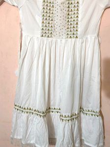 Brand New, White Cotton Frock With Beautiful Simple Design In The Front