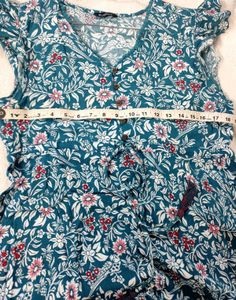 Teal Floral Midi Dress With Very Short Sleeves