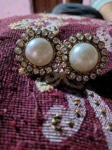 White Pearl With Stone Work Earrings