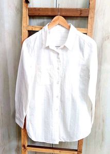 White Self Design Cotton Shirt Size-38