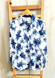 Blue Floral Print Cotton Shirt Size-42-44