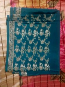 Teal Blue Saree with Silver Border