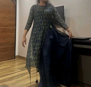 Navy Blue &amp; Green Indo-western Gown With Dark Inne