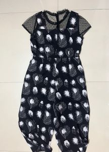 Korean Style Lace Neck Print Jumpsuit