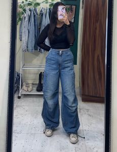 Wide Leg Denim Cargo Pants