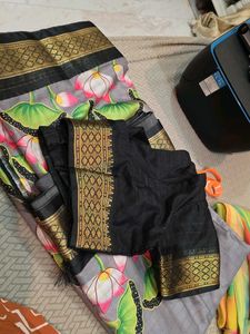 Art Silk Black Grey Handpainted Saree With Blouse