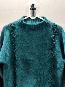 womens imported teal-color high-neck fuzzy sweater