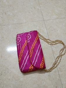 Pink Bandhani Clutch with Beaded Strap