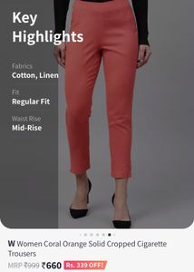 Coral Orange Solid Cropped Cigarette Trouser Pant