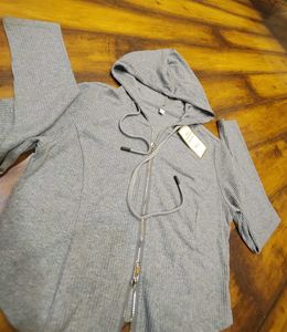 Gray Ribbed Zip-Up Hoodie
