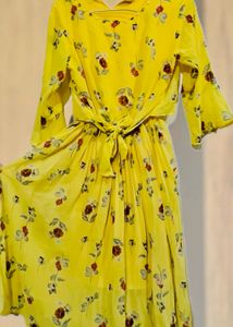 Gold-Toned Floral Dress. Embroidered Neck.