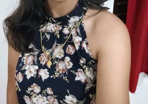 Halter Neck Floral Print Blue Top