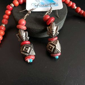 Bohemian Red &amp; Silver Tone Beaded Jewelry Set