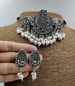 Silver Tone Choker and Earring Set