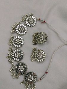 Oxidised Silver Mirror Choker Set
