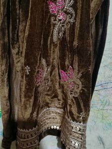 Elegant Brown Embroidered velvet Kurta Set