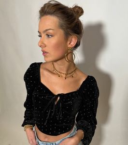 FB SISTER BLack Velvet Polka Dot  Crop Top