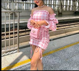 Pink Checkered Off-Shoulder Dress