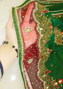 Bridal Zari Work Stone Embroidery Green &amp; Red Sare