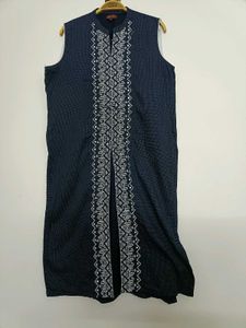 Navy Blue Sleeveless Kurti with Ethnic Embroidery