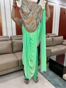Florescent GREEN DRAPE SAREE WITH LEGGINGS