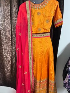 Orange Full Embroidery Round Mirror Lahenga Set