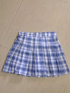 Blue And White Checked Korean Pleated Skirt