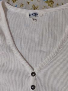 White Ribbed Button-Down Top