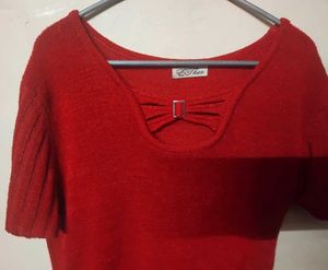Red Knit Top with Bow Detail