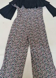 Cutecumber Floral Print Jumpsuit, Ruffled Shoulder