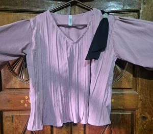 Mauve Pleated V-Neck Top with Bow Detail