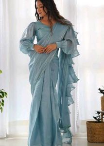 Aqua Blue  pre draped Sari Blouse and Fabric